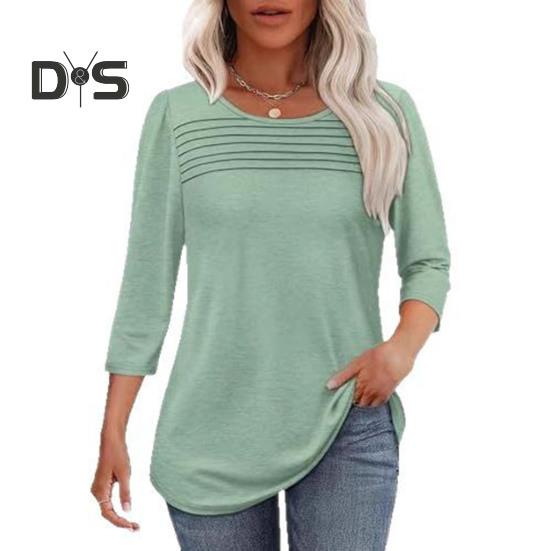 

Женские топы с круглым вырезом и рукавом 3/4, плиссированная блузка, весна-лето, однотонная, свободная посадка, повседневная футболка, повседневная одежда L зелёный