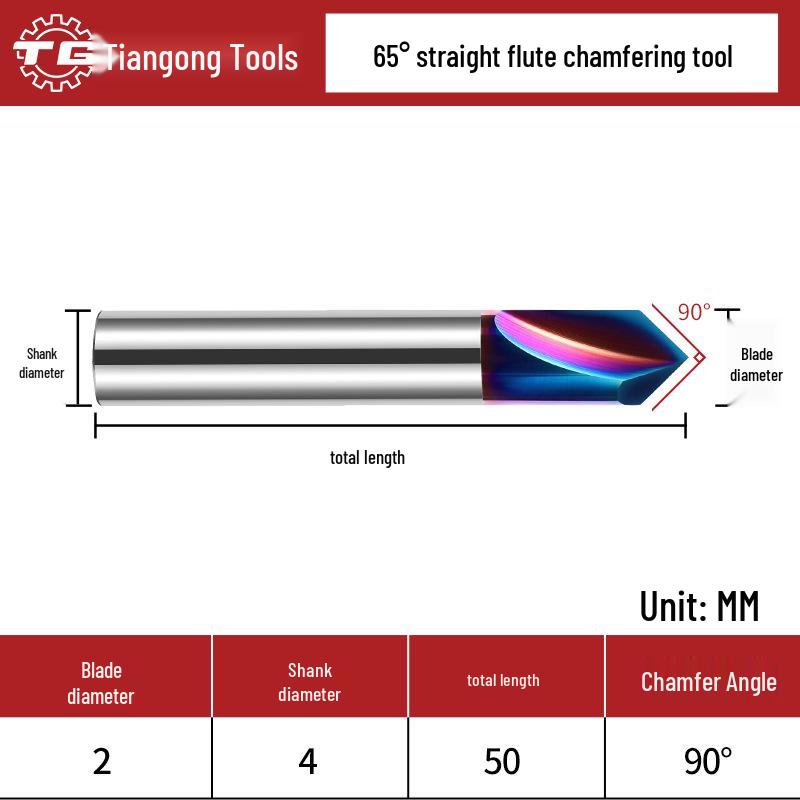 

Tiangong Chamfer Cutter - 65° Tungsten Steel, 2-Flute Straight, 90° Carbide Alloy End Mill