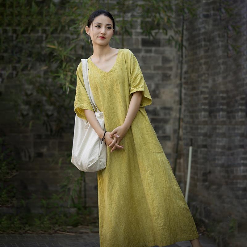 Johnature Women Vintage Dresses V-Neck Short Sleeve Summer Solid Color Loose Women A-Line Dresses