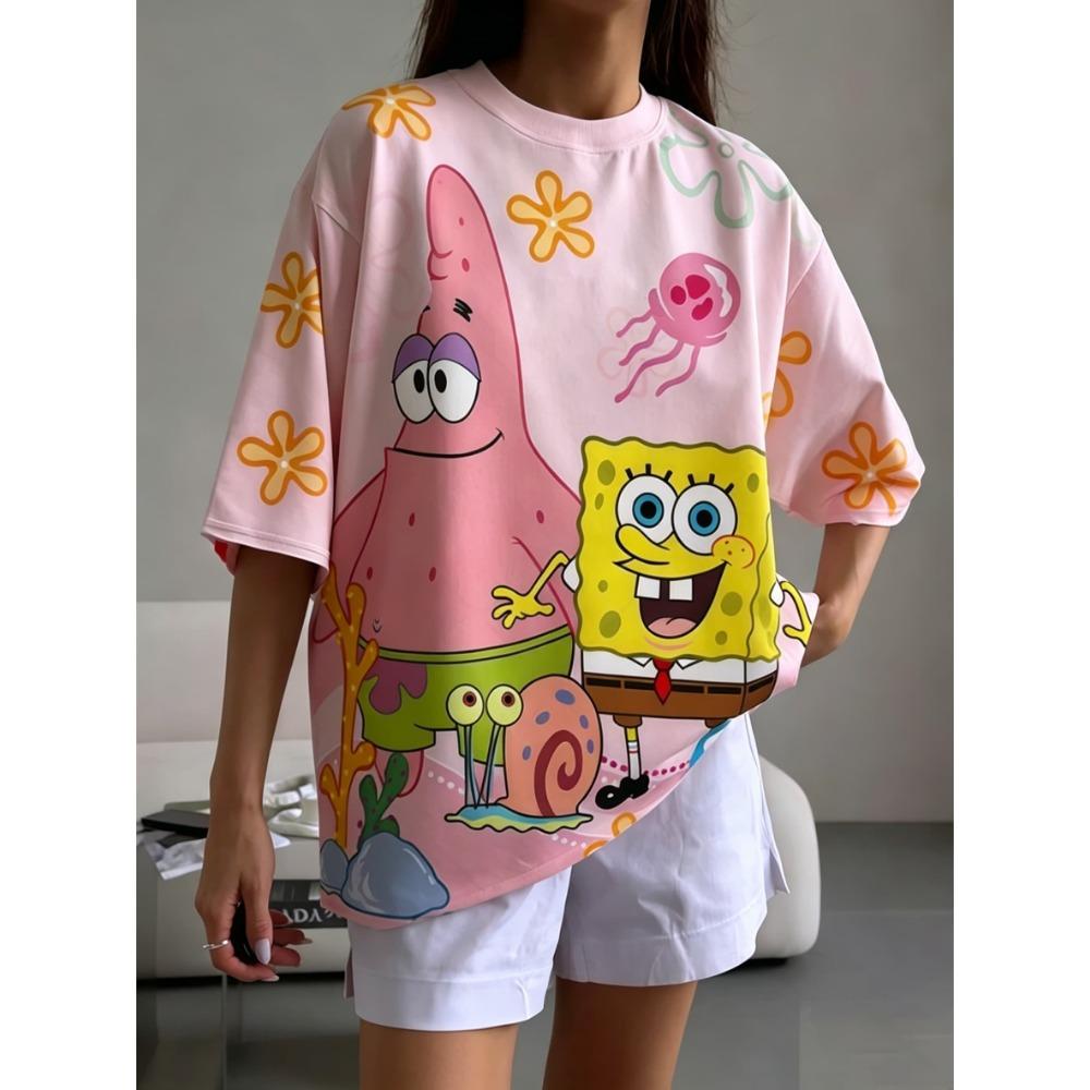 Summer SpongeBob Print Kawaii Street Y2K Vintage Men Women Tee Adults Children Boy Gril Top Kids Parent Child Quick dry Tshirt