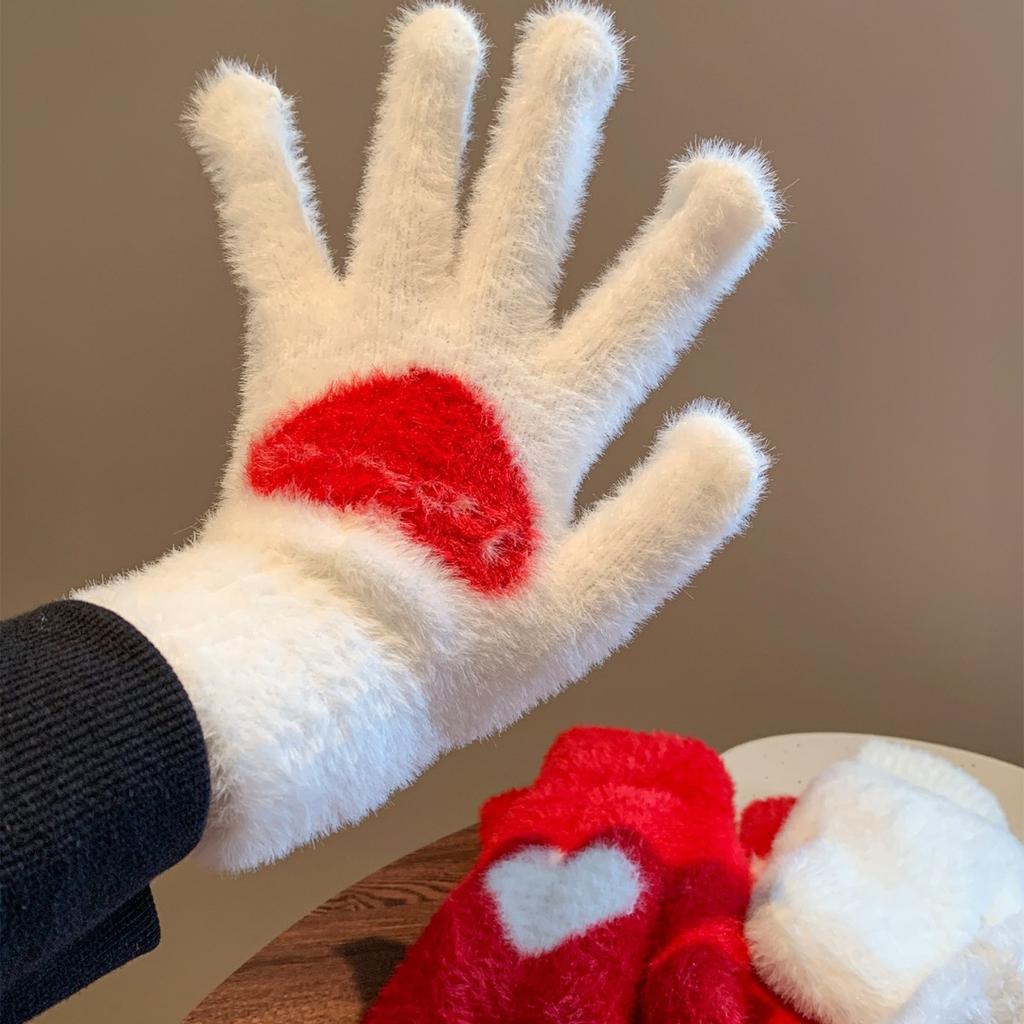 Red Love Plush Knitted Gloves for Women Velvet Cold Proof, Rideable Autumn and Winter Fingerless Touch Screen