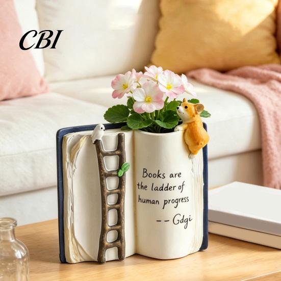 Decorative Vase for Desk Book Shaped Flower Pot, Creative Planter with Ladder Puppy And Bird Design Cute Animal Relief Pot Succulents & Small Plants,