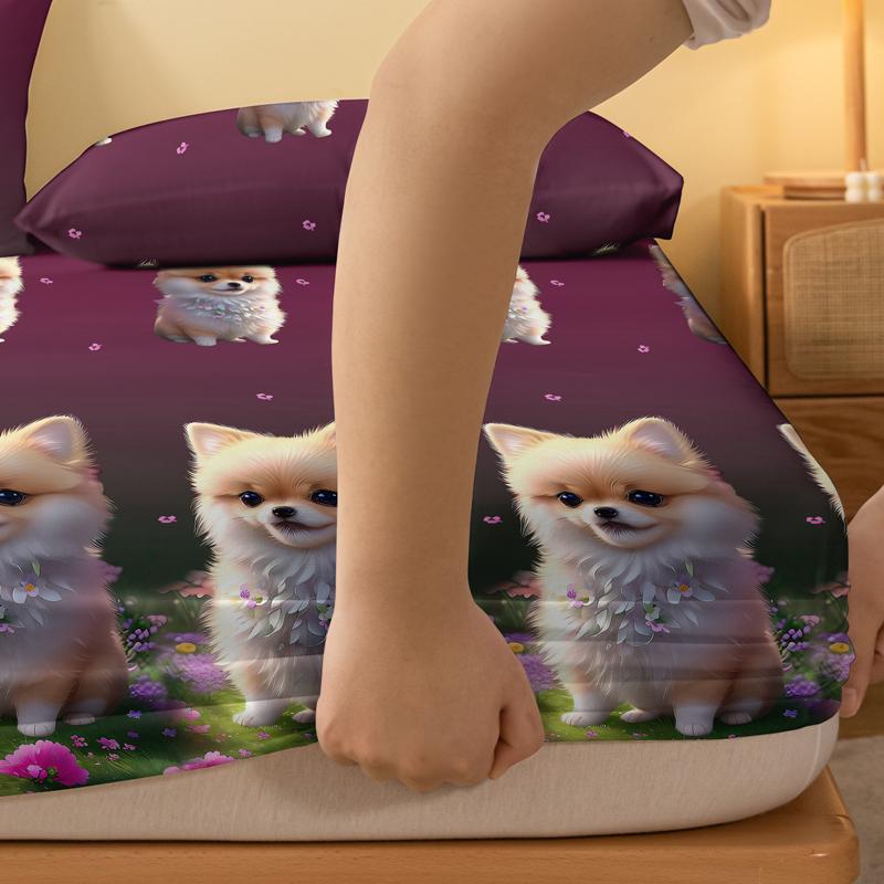 1 Love dog Pomeranian patterned frosted bedsheet, printed bed cover for bedroom, bedding (excluding pillowcases)