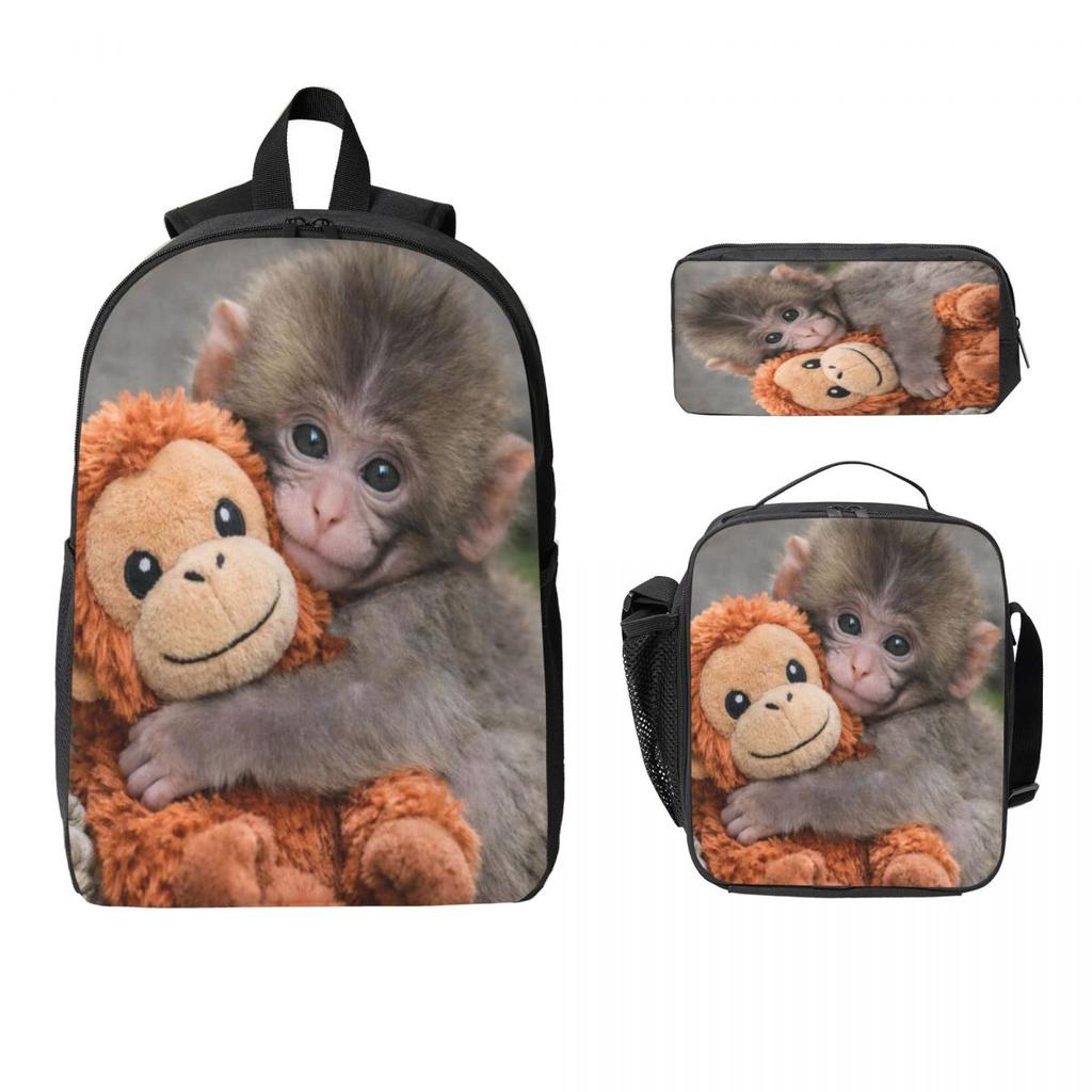 Baby Punch Monkey, Viral Monkey Kids Backpack Lunch Box Pen Bags for Boys Girls Backpacks Kawaii Schoolbag Bookbag Set