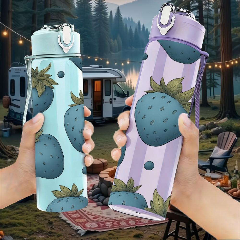 1PC Repeating Blue Strawberry Grid 750ml Color Plastic Sports Water Bottle Leakproof Flip Straw Lid For Sports Office Home Use