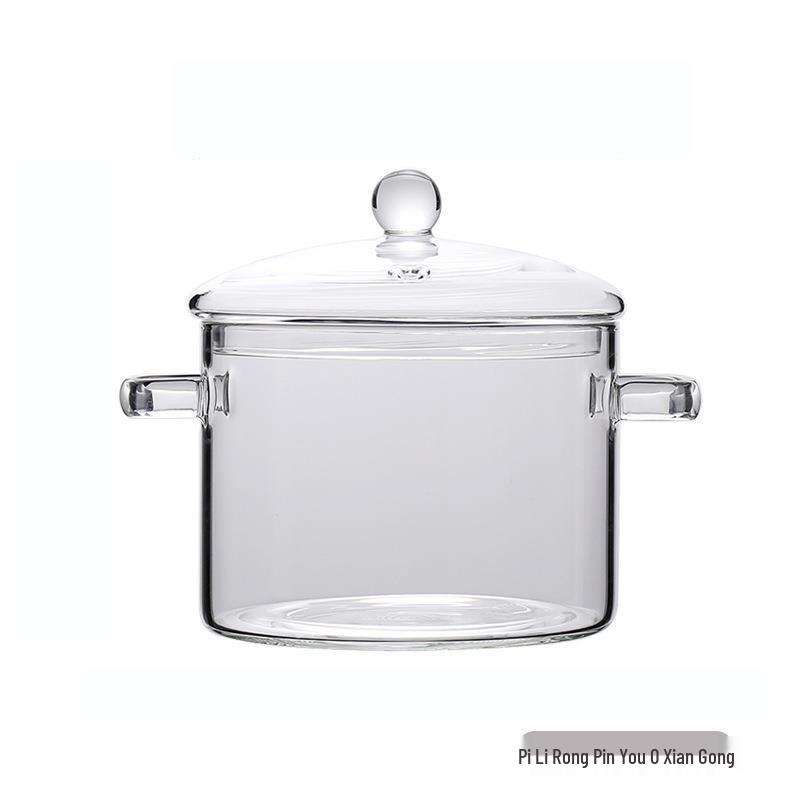 High-Temperature Resistant Glass Pot with Lid, Double-Ear Design for Ramen and Open Flame, Stainless Steel, Large Capacity