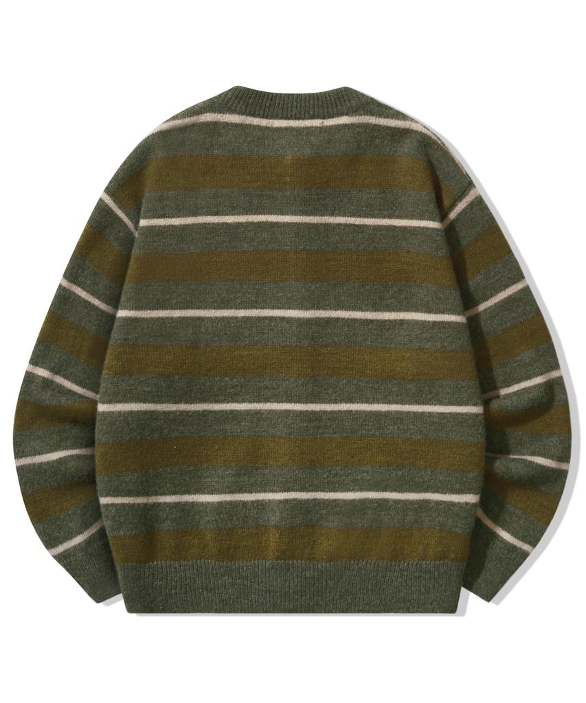 TRILLION Washable Hairy Striped Button Cardigan Knit_Khaki