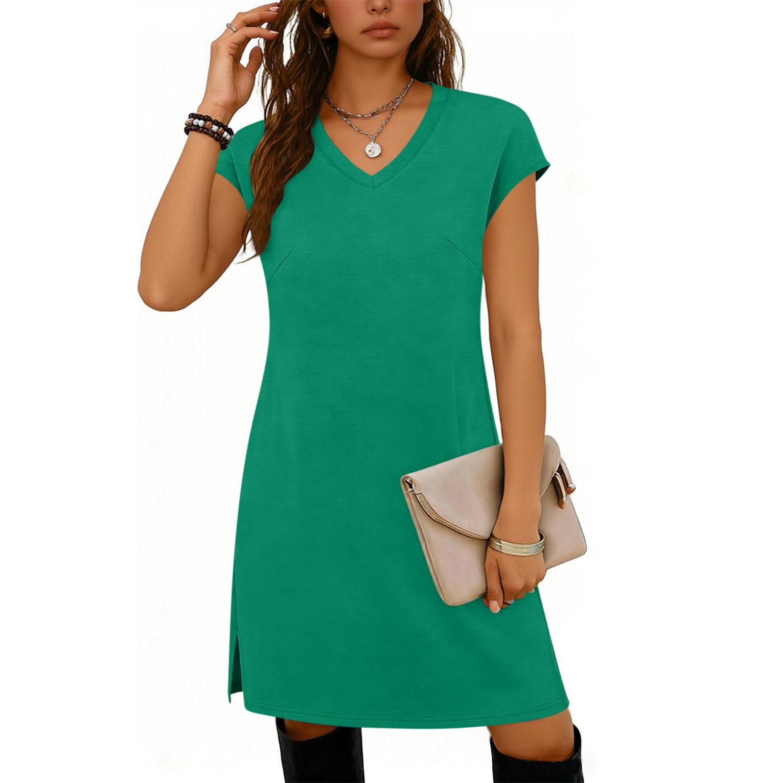 

Fashionable Women s V-neck Hem Slit Color Casual Dress XXL зелёный
