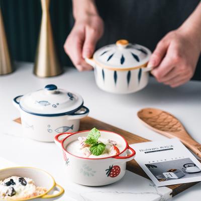 Ceramic Bowl Cartoon Double Ear Bowl with Lid Kid Food Supplement Bowl Ramen Bowl Salad Food Containers Microwave Oven Tableware