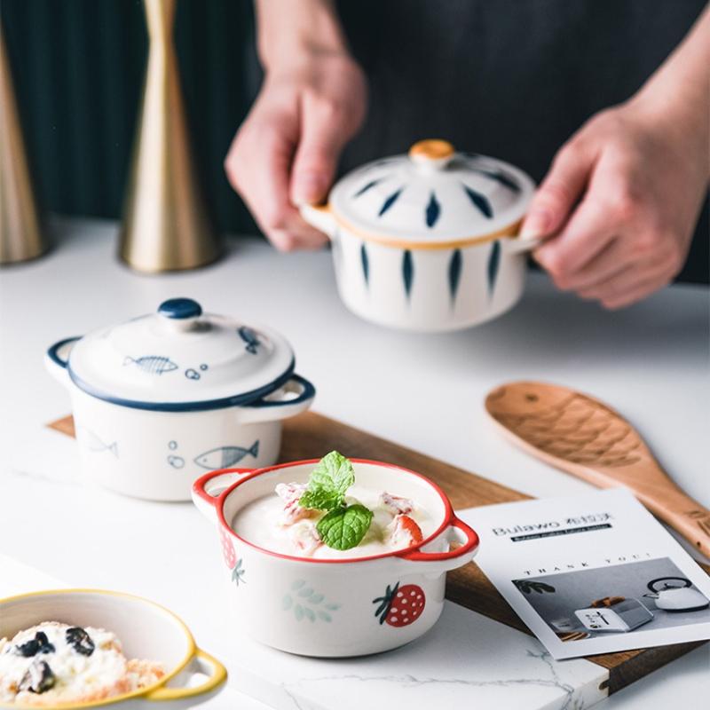 Keramikschüssel Cartoon Doppelohrschüssel mit Deckel Kinder Nahrungsergänzungsschüssel Ramen Schüssel Salat Lebensmittelbehälter Mikrowellenofen Geschirr