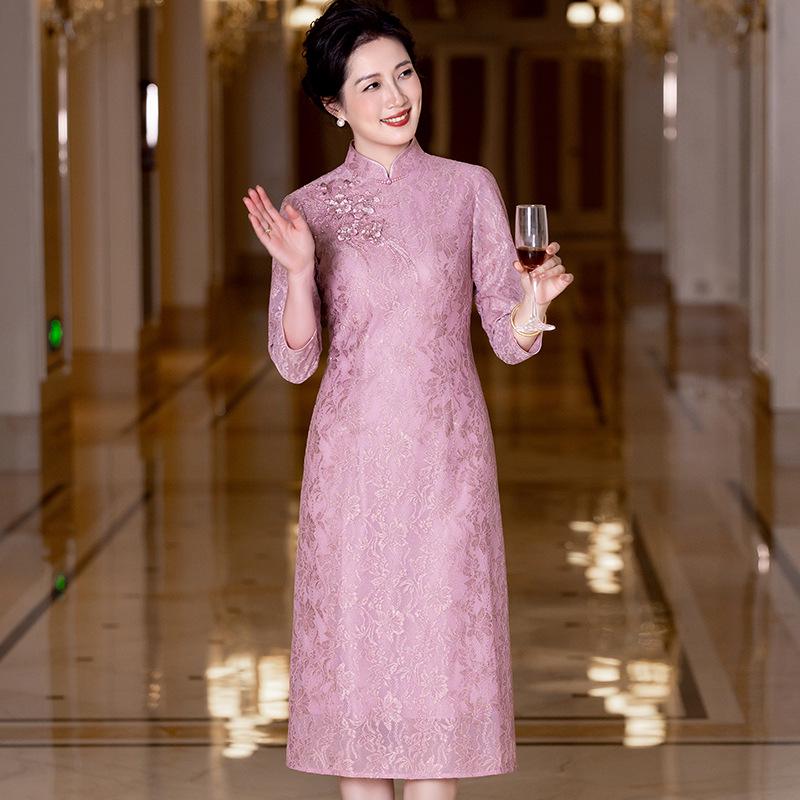 

Elegant Plus Size Pink Chinese Style Short Sleeve Formal Dress for Mothers - Autumn 2025 Collection 3XL