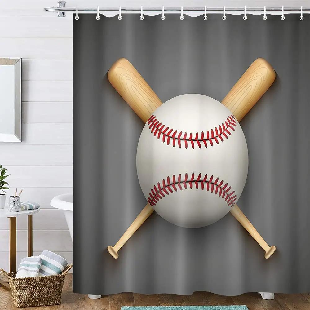 Baseball Shower Curtain Baseball Glove Sports Theme Polyester Fabric Bathtub Screen Home Decor Bathroom Curtains Set with Hooks