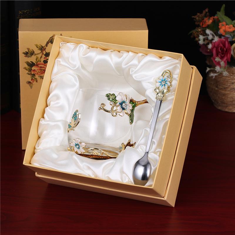 Heat-Resistant Enamel Flower Tea Cup, Creative Painted Crystal Glass Coffee Cup with Handle
