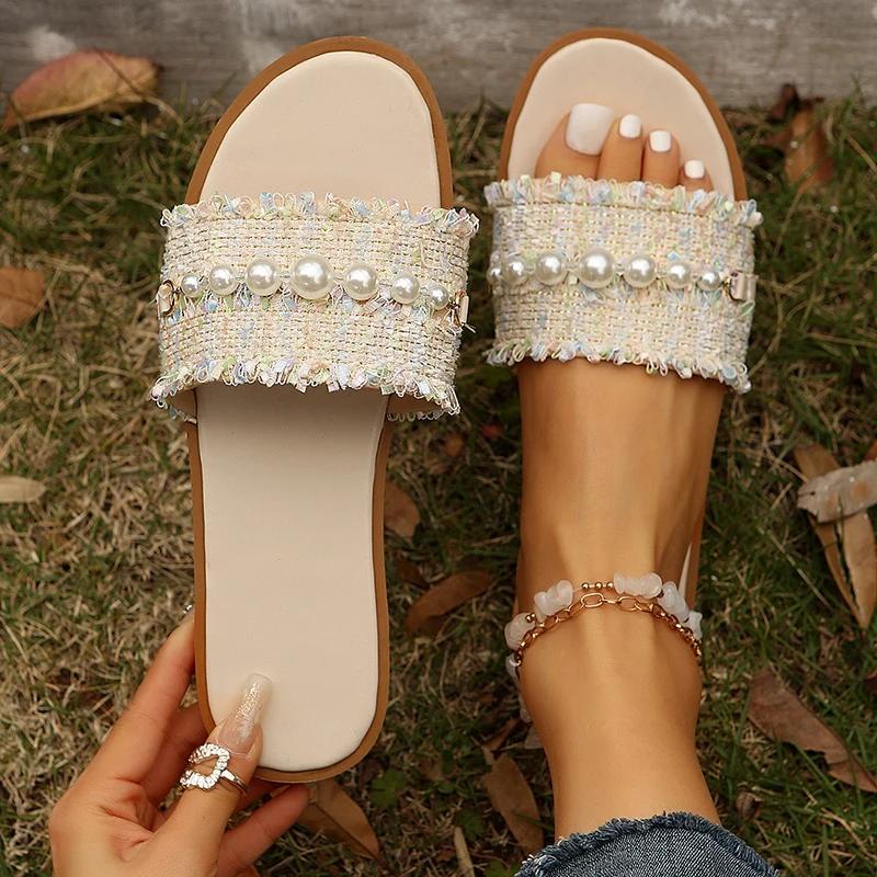 Fashion Fashion Tweed Cloth Flats Slippers Women 2025 String Bead Plus Size 36-43 Summer Sandals Woman Lightweight Outdoor Slides Female