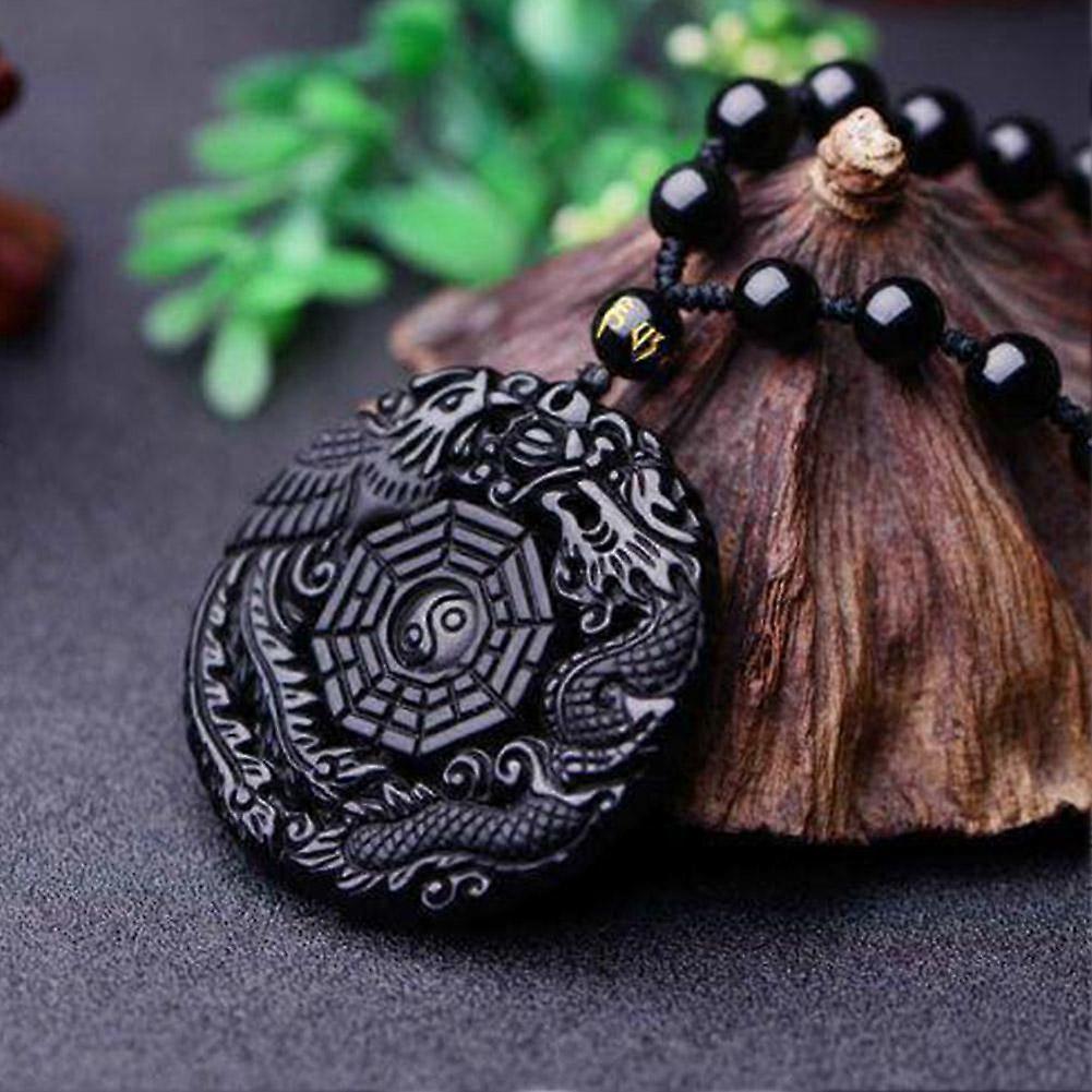 Dragon Phoenix Bagua Pendant Necklace Obsidian Jewelry