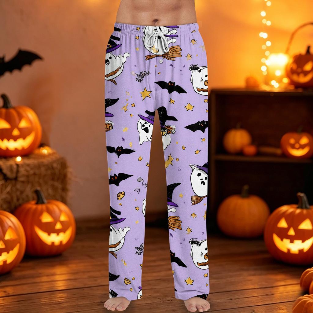 Men's Halloween Print Drawstring Pants Casual Lounge Sleepwear Bottoms with Elastic Waistband and Straight Leg Fit for Indoor and Outdoor Use