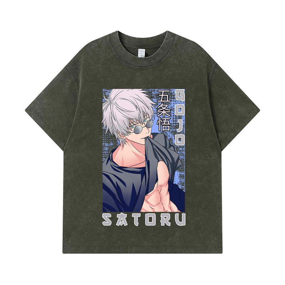 

275 GSM Washed T-shirts 100% Cotton Jujutsu Kaisen V23 Gojo Print Unisex Heavy Cotton T Shirt S армия зеленый