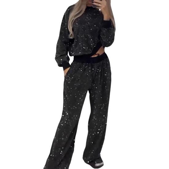 2 Pcs/Set Women Top Pants Suit Sequin Round Neck Long Sleeves with Elastic Cuffs Elastic High Waist Wide Leg Trousers Set Daily Casual Commuting
