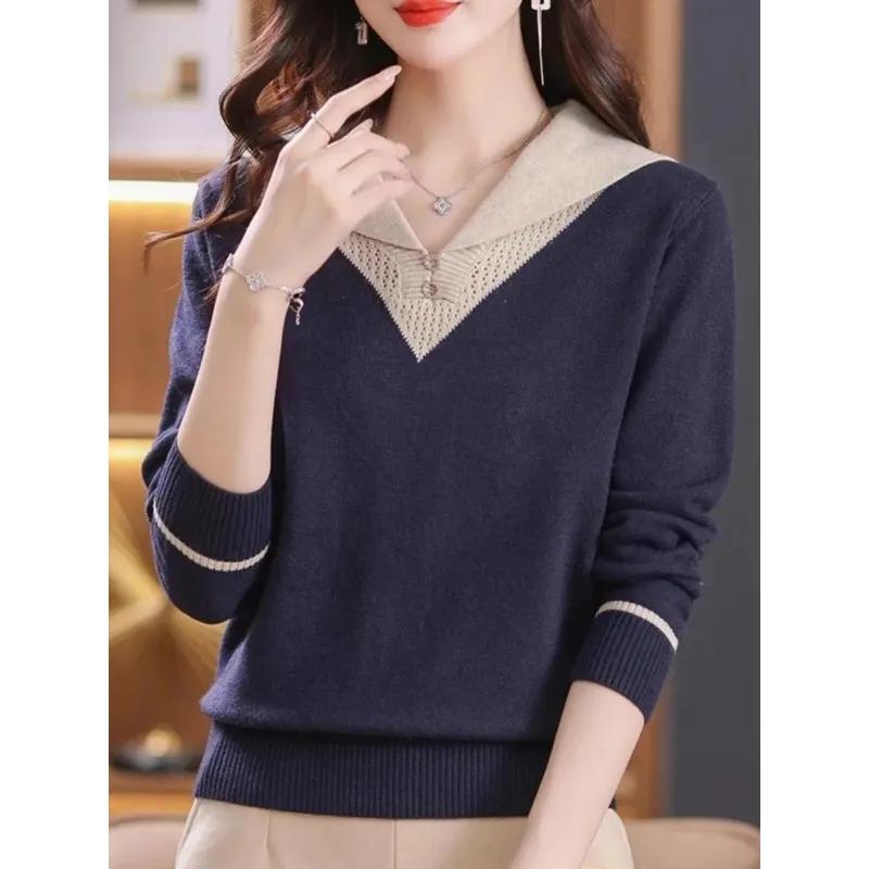 Women's Autumn/Winter Clothing Patchwork Casual Sweaters Long Sleeve Knit Pullover Elegant V-neck Top