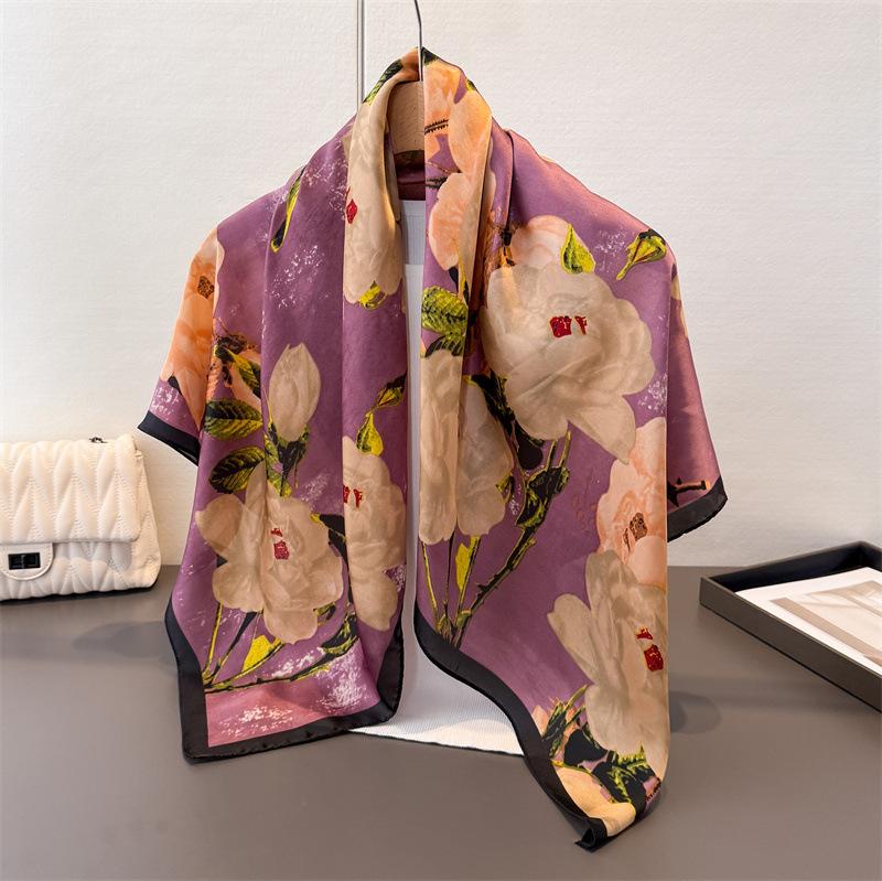 

New Elegant Flower Simulation Silk Printing Large Square Scarf Silk Scarf Shawl Headscarf Beach Scarf Neck Protection Scarf Decorative Scarf 90*90cm