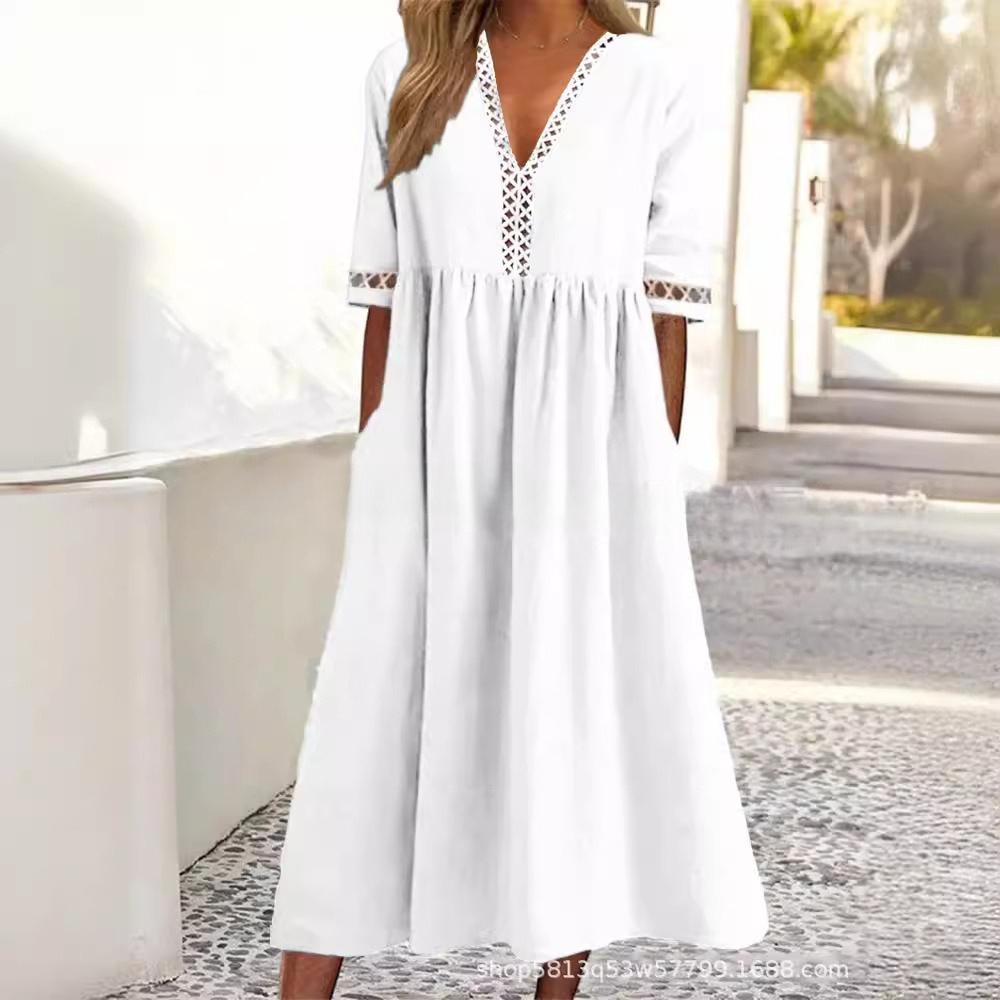 VEZFAA Women's Fashion Summer Spring Solid Color Print Short Sleeve V-Neck Loose Waistline Casual Dresses