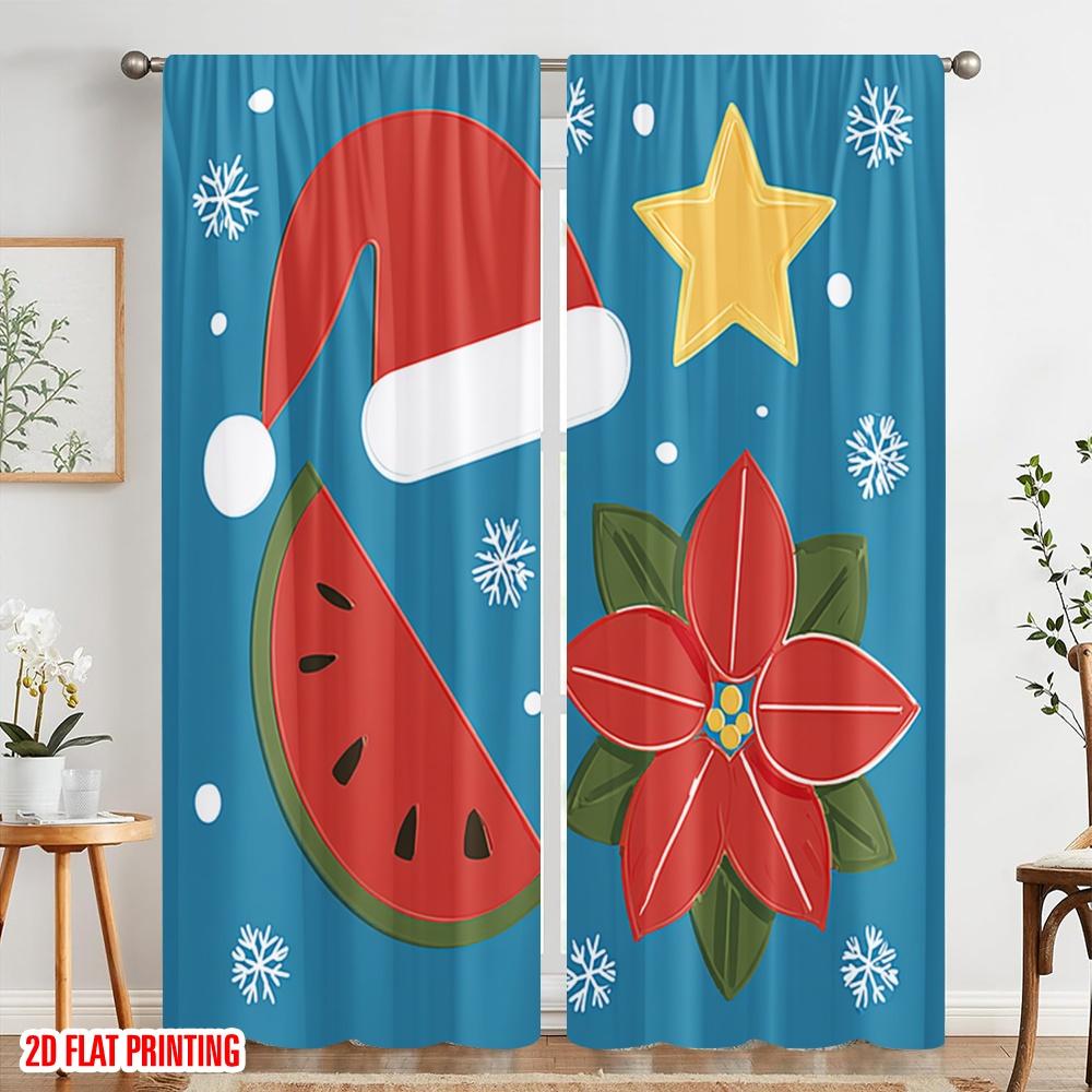 2pcs,2D Plane Printing Pattern Curtains Santa On Beach Chair with Fashion Glasses & Watermelon Durable 100% Polyester Fabric
