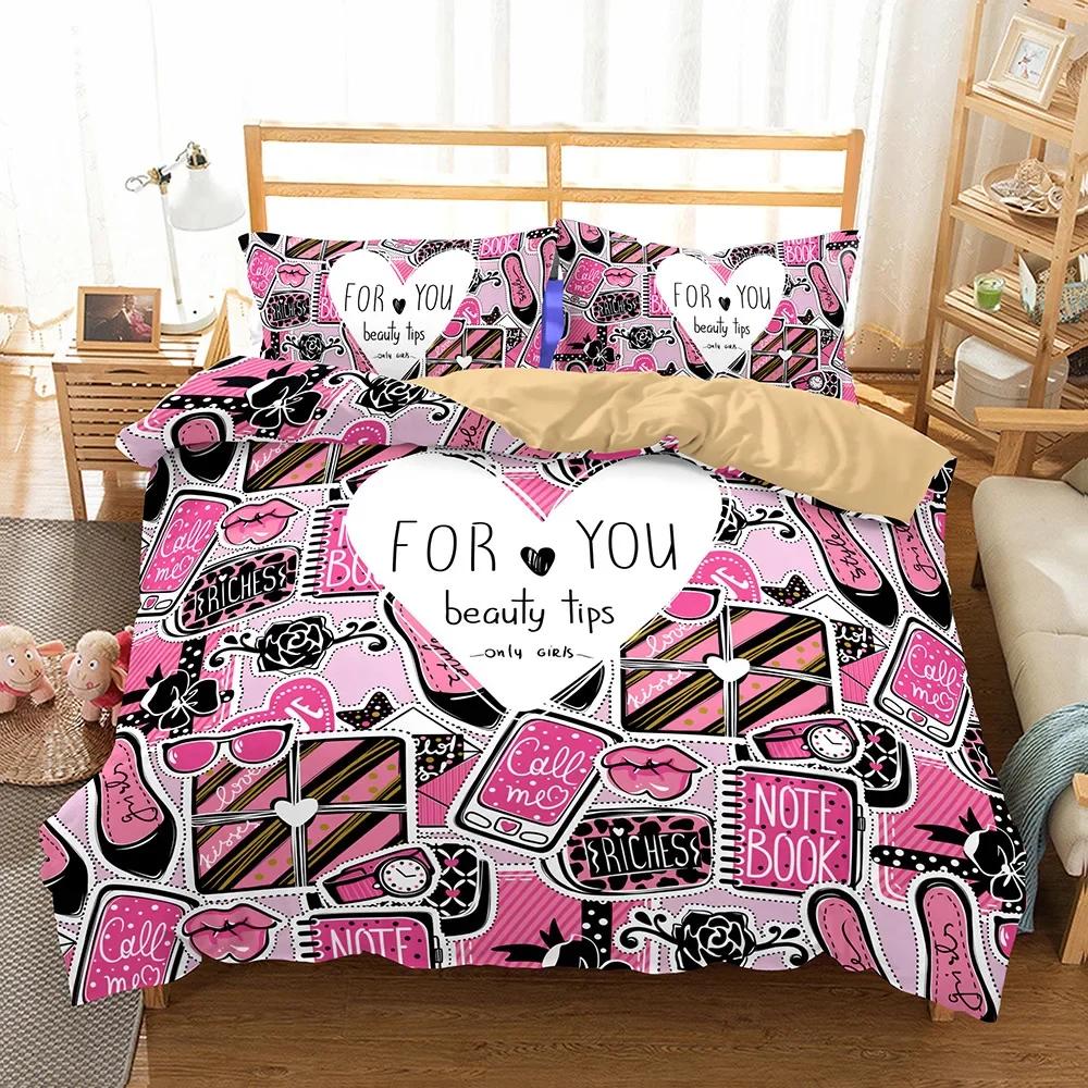 

Bedclothes Cosmetics Bedding Set WomanLady Bedroom Comforter Set 3D Lipstick Quilt Set+Pillowcase California King Bedding Sets EU Single(135*200cm)3pcs