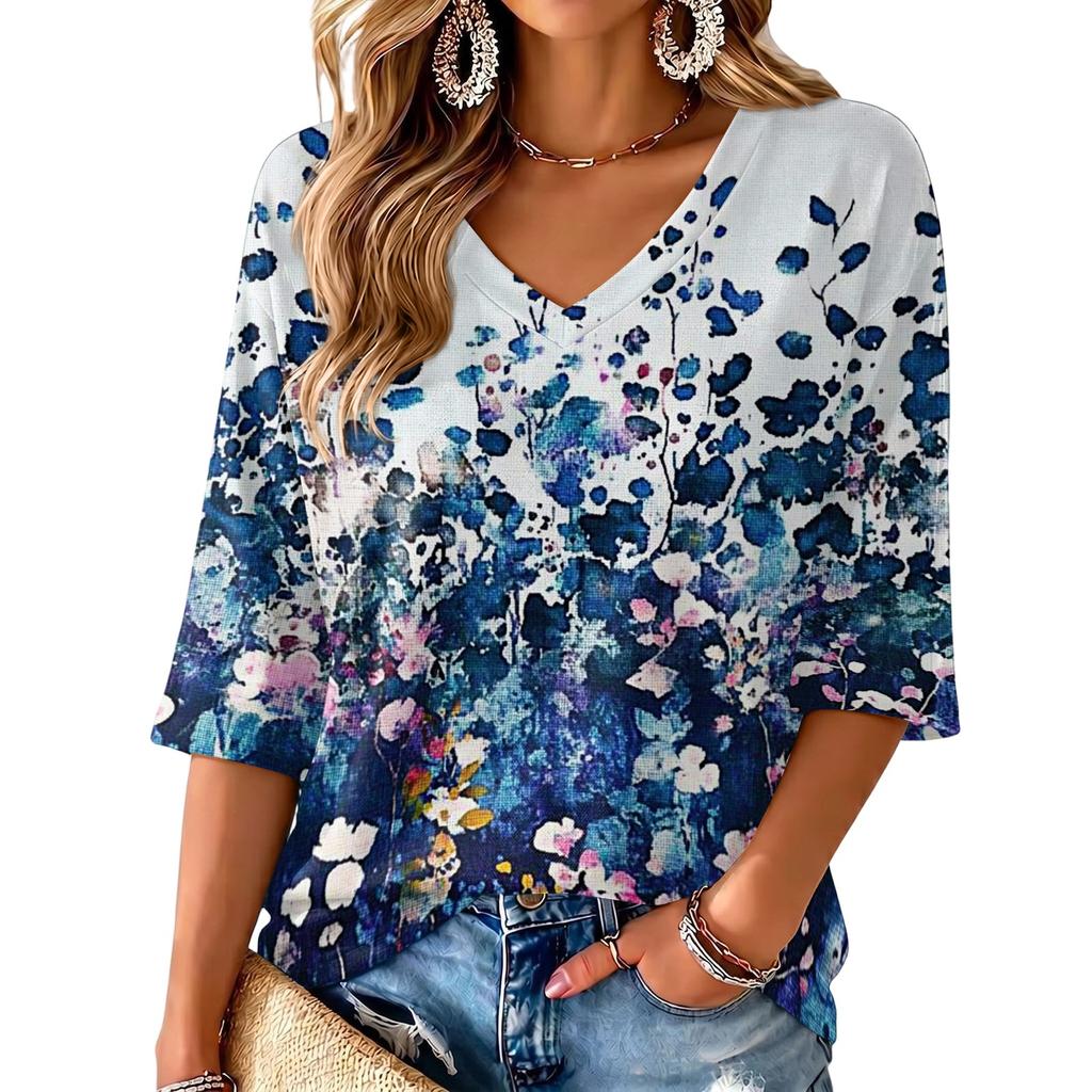 Women's Floral Print V-Neck Blouse Lightweight for Spring and Summer