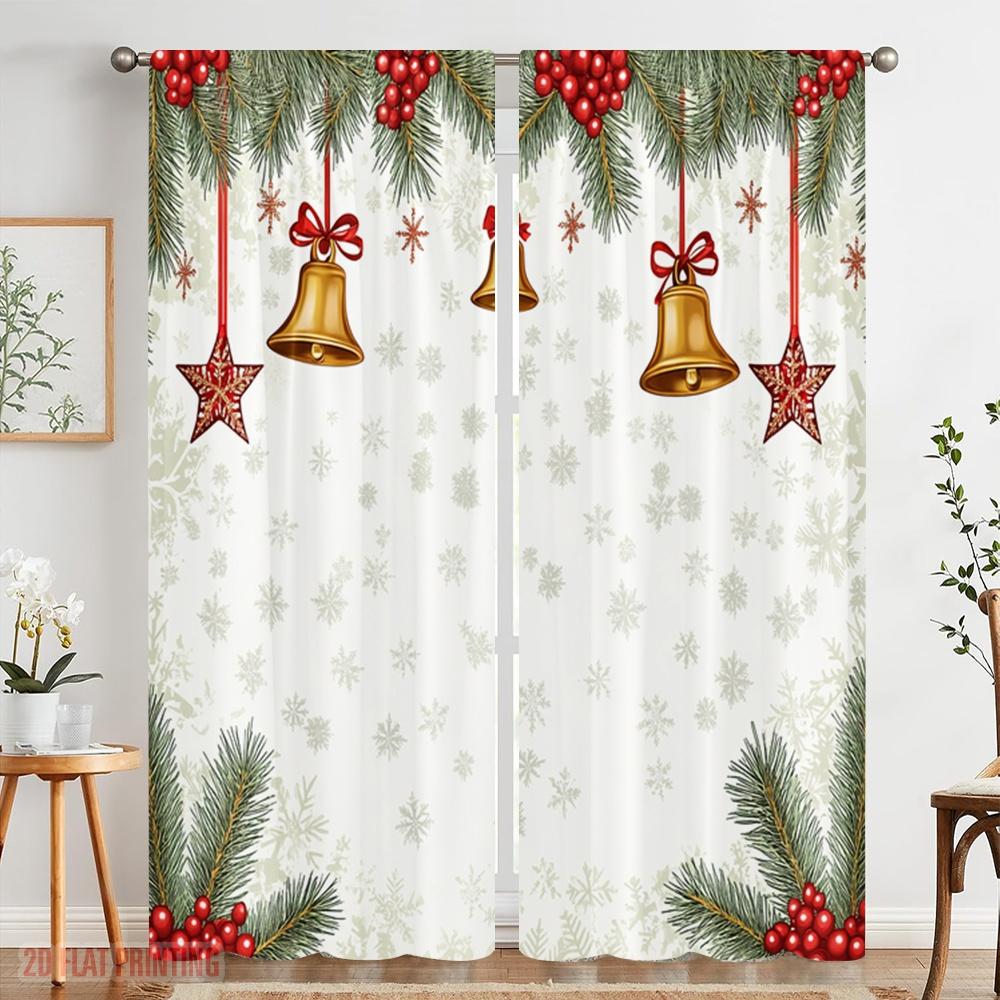 2 szt., druk płaski 2D Kreatywne zasłony Dzwonki świąteczne Gwiazdy Płatki śniegu Obramowanie Tkane poliestrowe (bez pręta) Użytek świąteczny dla