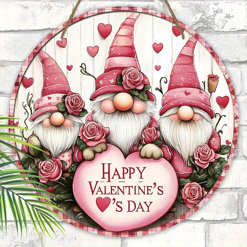 Pink Valentine's Day Wooden Sign with Adorable Gnomes Pattern - Romantic Round Sign for Front Door Wall Hanging Decor - Ideal Gift for Valentine