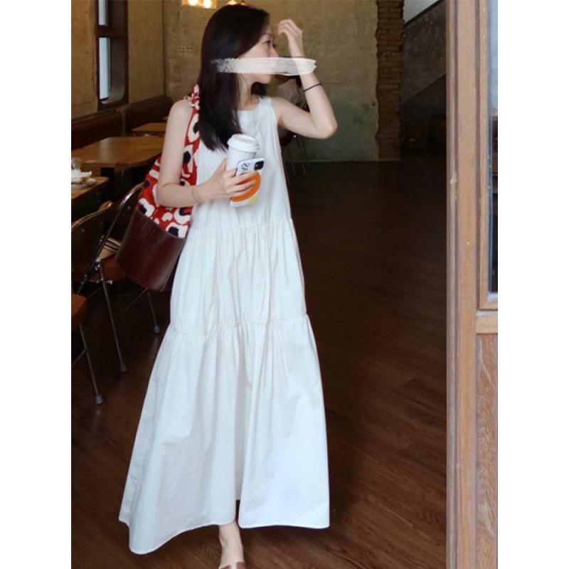 2024 Children's White Fairy French Spaghetti Strap Long Dress for Seaside Vacation