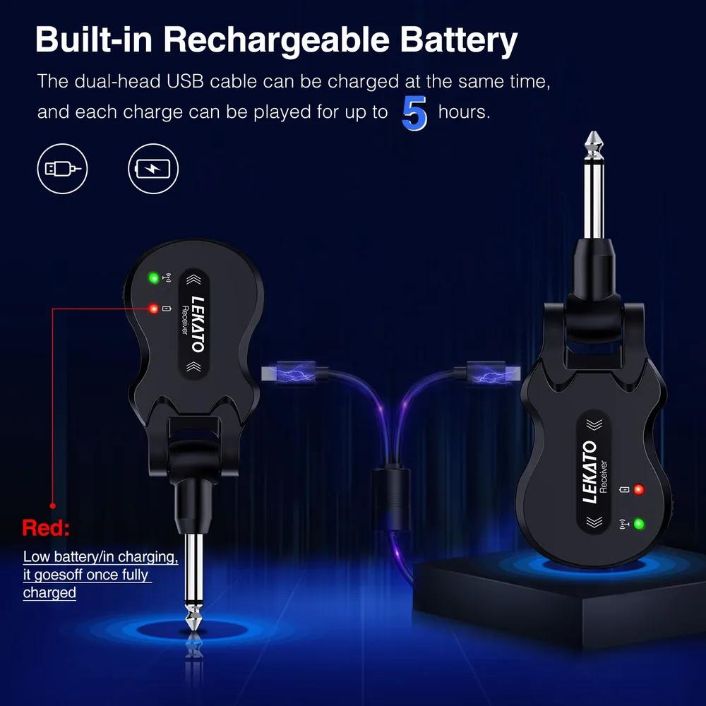 LEKATO WS-50 Wireless 5.8 GHz guitar system, rechargeable audio transmitter and receiver, 4 transmission channels, suitable for electric guitar