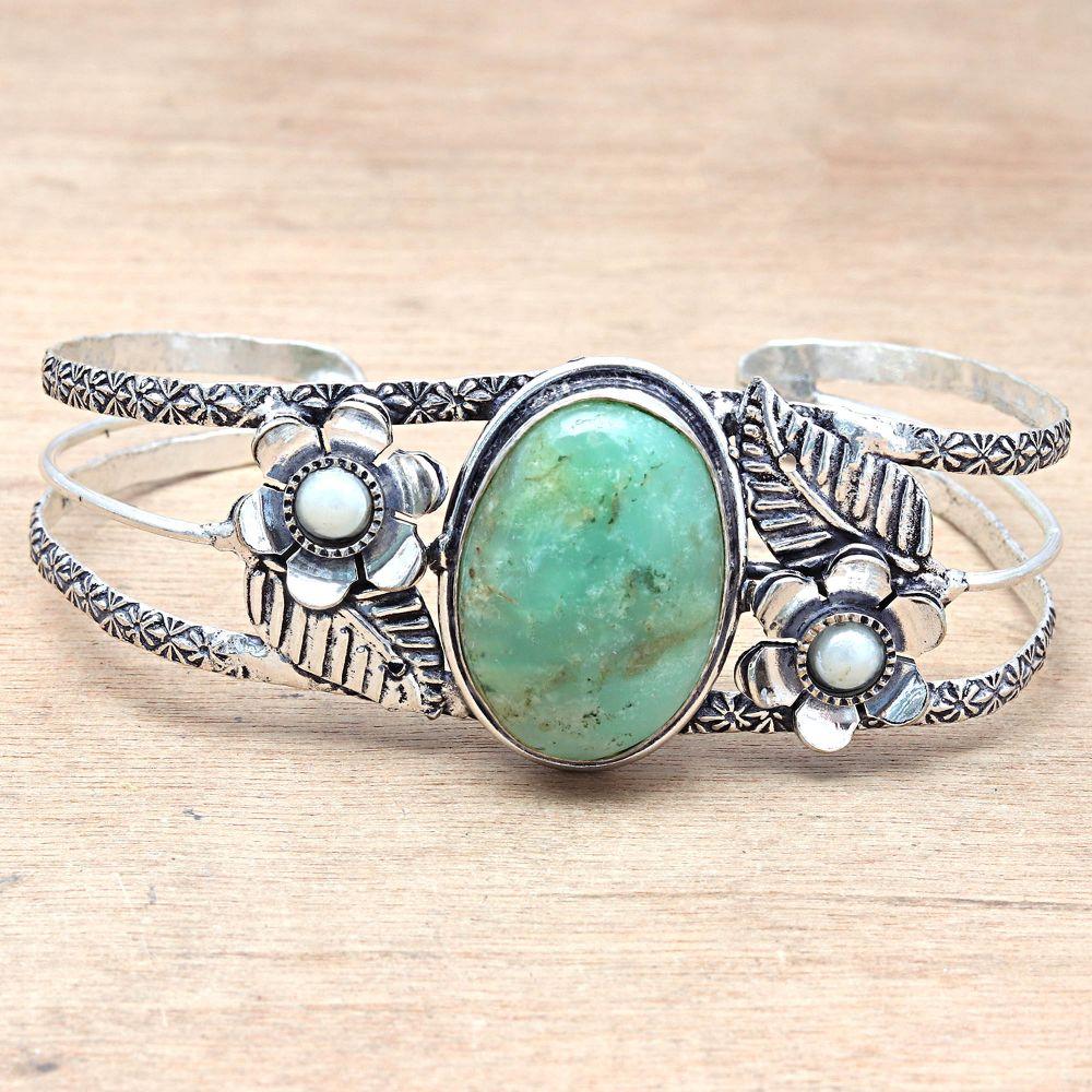 Chrysoprase Gemstone Antique Silver Jewelry Cuff Bracelets 7''Adjustable