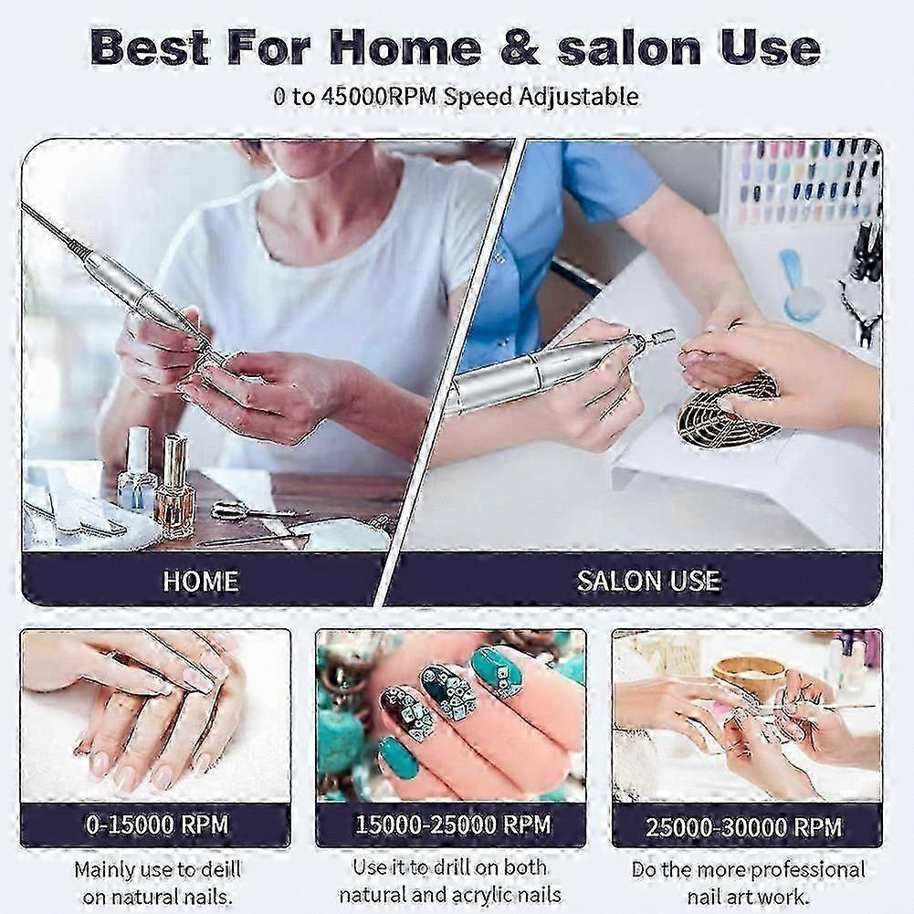 45000RPM Rechargeable Nail Drill for Acrylic Gel Nails - Portable Electric Nail File Set - Professional Manicure & Pedicure Kit for Home Salon Less