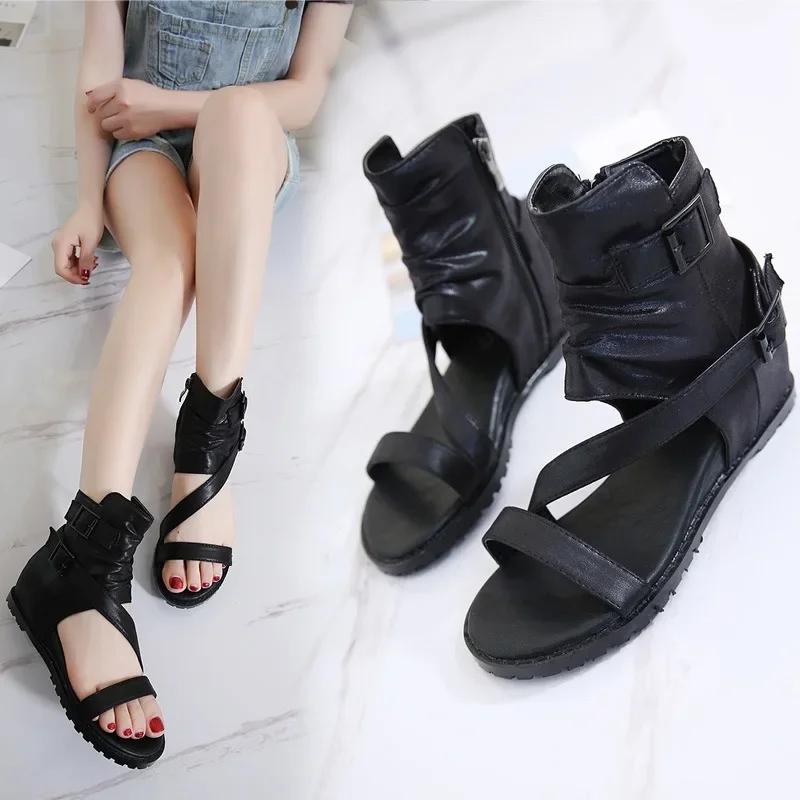 Fashion Vintage Wedges Roman Shoes for Women's Summer Peep Toe High Top Cool Boots Buckle Belt Back Zipper Cover Heeled Sandals