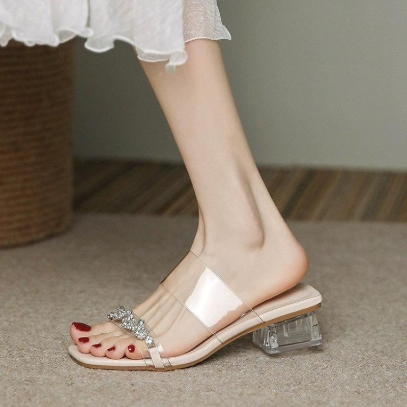 Fashion 2025 New Chinese style women's shoes transparent block heel temperament sandals new summer rhinestone sandals