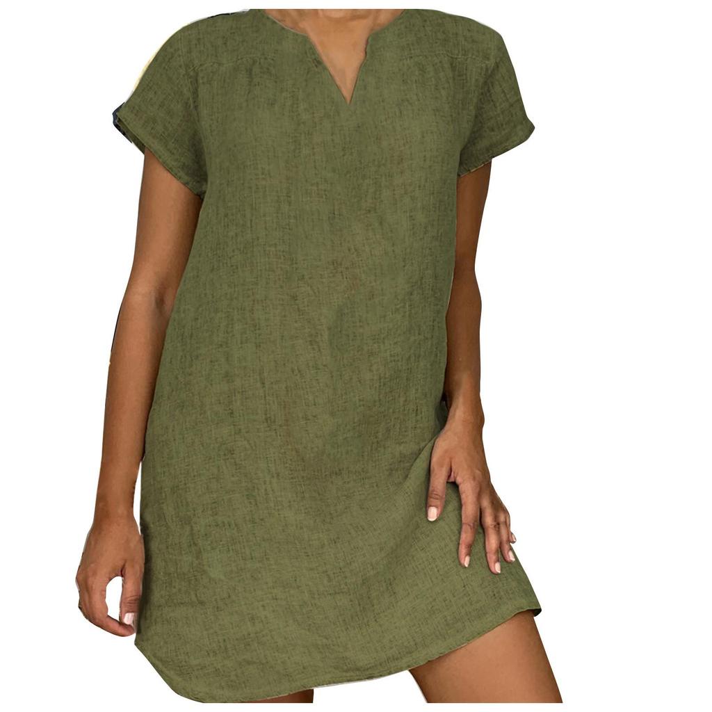 Women's Fashion Summer Loose Skirt Short Sleeve V-Neck Cotton Linen Dress