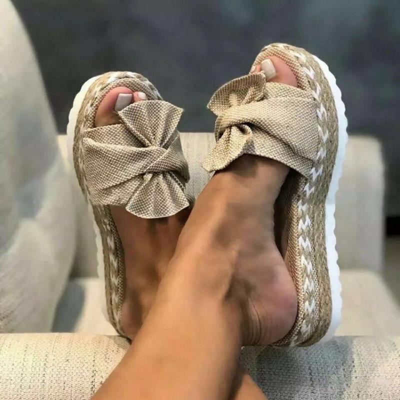 Women Bowknot Weave Sandals Wedge Bottom Casual Daily Comfy No Slip Vacation Beach Slippers Elegant Summer Breathbale Shoes