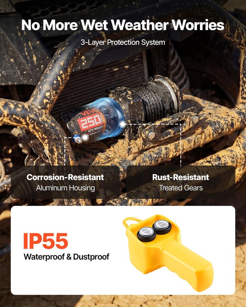 Wciągarka elektryczna 1134 kg, Wciągarka 12V DC do ATV/UTV z liną syntetyczną 4,8 mm x 12 m i przewodowym pilotem zdalnego sterowania, Wodoodporność IP55, Rolka prowadząca z aluminiową obudową