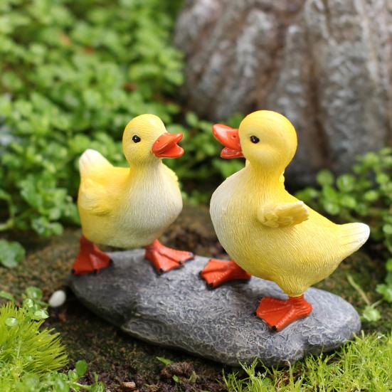 2 Pcs Little Yellow Duck Resin Cartoon Duck Figurine Realistic Small Garden Statue for Outdoor Patio