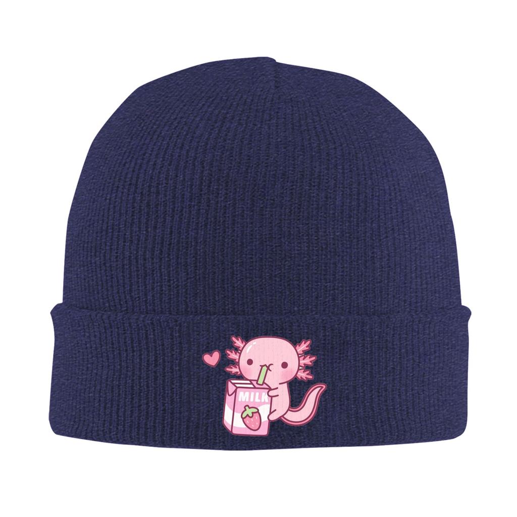 Roztomilý axolotl miluje jahodové mléko Doodle Teplá pletená čepice Zimní pletená čepice Beanie Hip Hop čepice pro Unisex