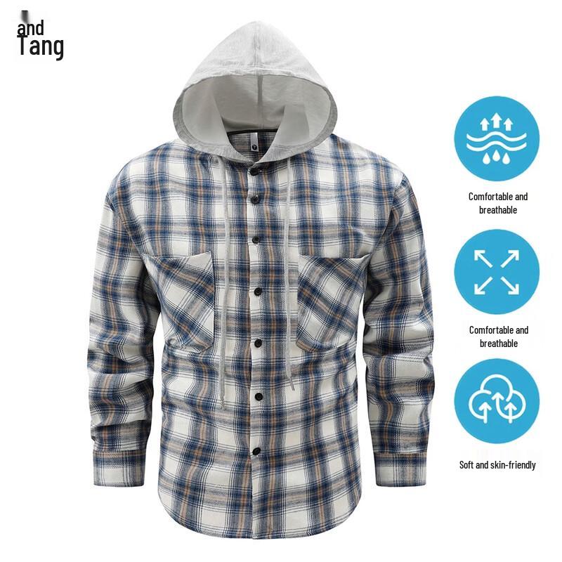 Men s Hooded Plaid Long Sleeve Shirt Jacket 2XL