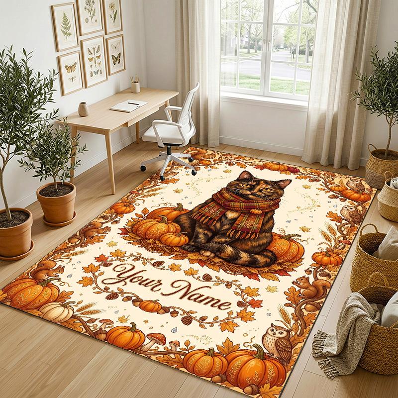 Cat Theme Crystal Velvet Rug Personalized Custom Name Text Soft Floor Mat Home Decor
