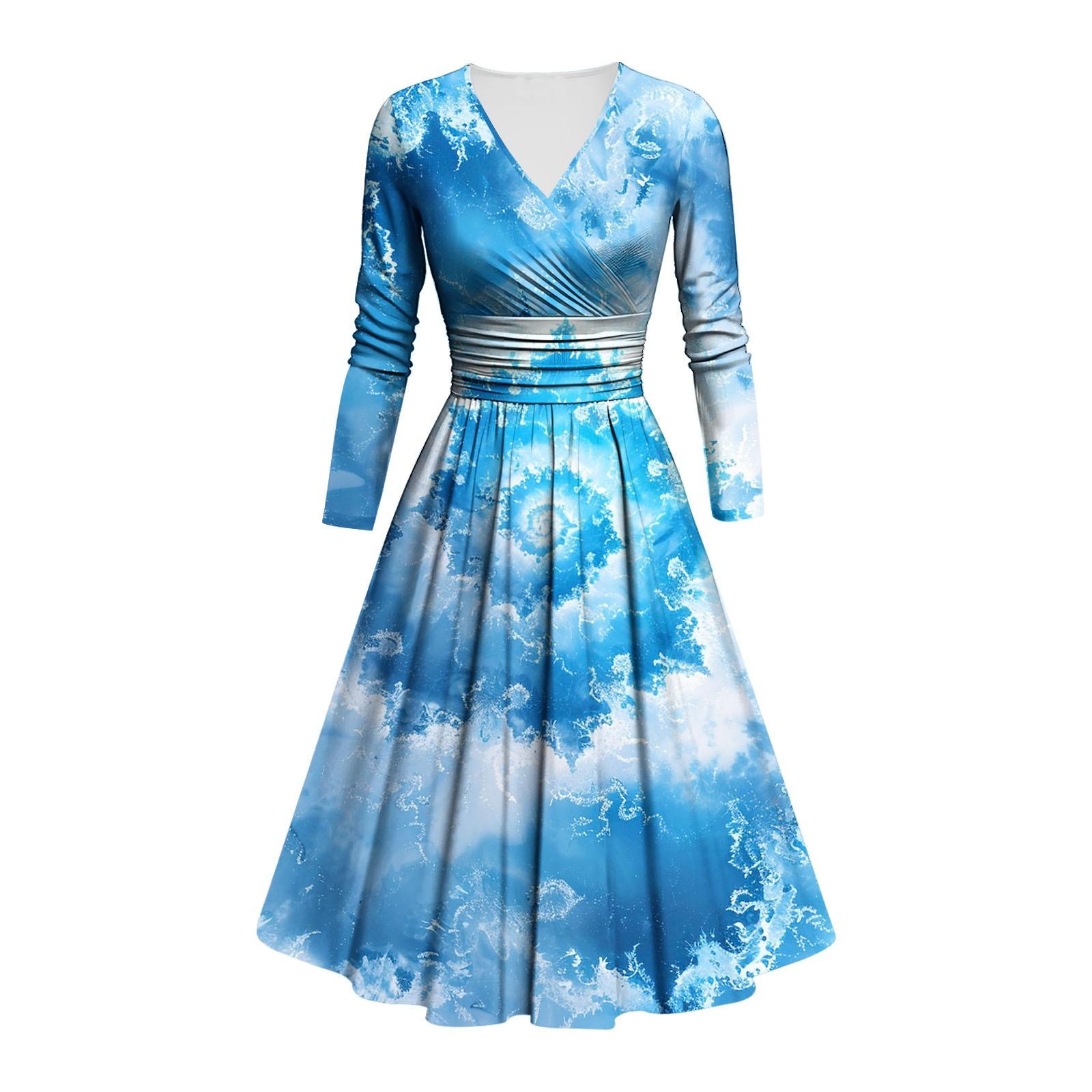 

Женское модное облегающее платье с V-образным вырезом и длинными рукавами, с оборками и принтом тай-дай, повседневное платье XXXXL синий