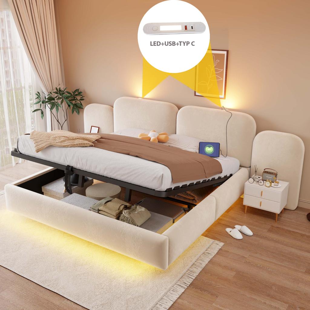 Cama Tapizada 180*200cm, Con Almacenamiento Hidráulico, Tira de Luces LED, con Puerto de Carga, Cabecero Cómodo, Somier de Láminas, Tejido de Terciopelo Beige