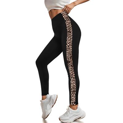 Side Leopard Print Fitness Yoga Pants Elastic Sports Cycling Casual Cropped Leggings