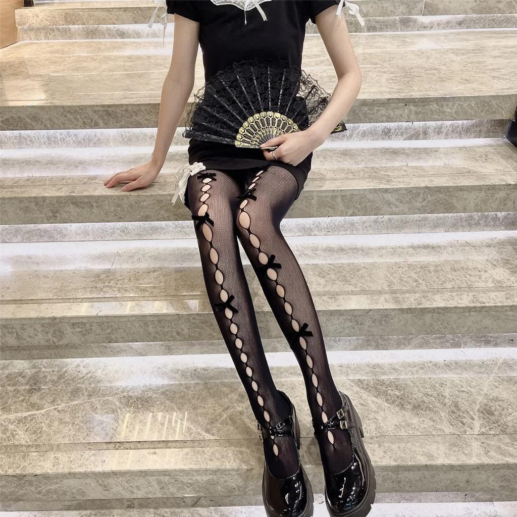 Neue Süße Niedliche Damen Strumpfhosen mit Schleife Japanischer Stil Lolita Kawaii Oberschenkelhohe Strumpfhose Strumpfhose Ausgeschnittene Netzstrumpfhose