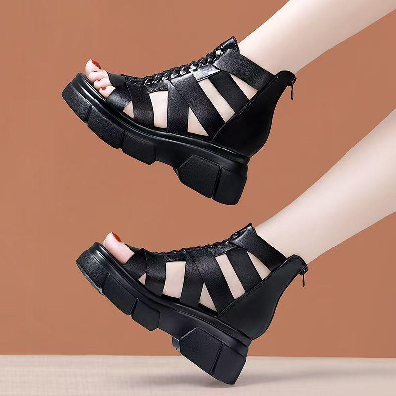 Women's Summer Leather Hollow Out Wedges Sandals Thick Sole Non Slip Breathable High Top Cover Heel Zippers Peep Toe Sandals