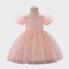 One-Year-Old Pink Puff Sleeve Flower Girl Princess Dress with Mesh Skirt