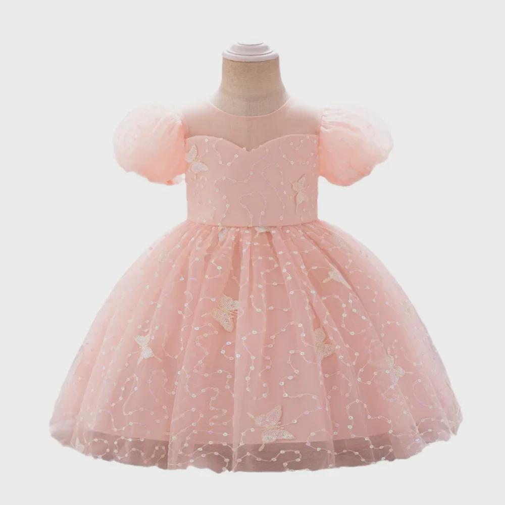 One-Year-Old Pink Puff Sleeve Flower Girl Princess Dress with Mesh Skirt